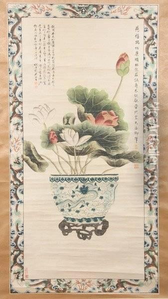 Lotus-filled Blue And White Dragon Planter Oil Painting - Dowager Empress Cixi