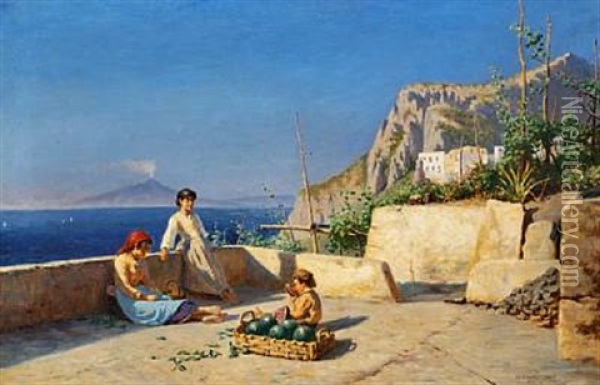 View Of Capri With Children Eating Fruit On A Terrace. In The Distance Mount Vesuvius Oil Painting - Niels Frederik Schiottz-Jensen