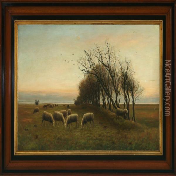Fall Scenery Withgrazing Sheep Oil Painting - Soren Christiansen