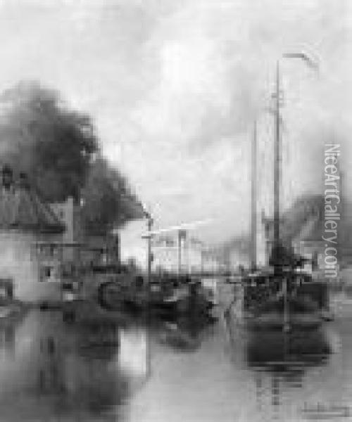 A View Of A Town With Barges On A Canal Oil Painting - Johannes Christiaan Karel Klinkenberg