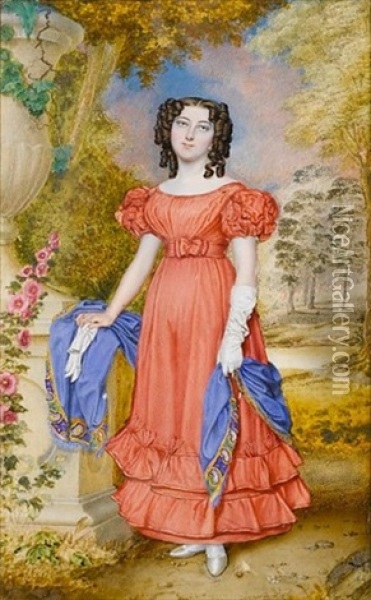 A Lady, Wearing Salmon-colored Dress With Puffed Sleeves And Flounced Skirt, Ivory Satin Slippers, A Blue Shawl With Yellow And Green Border Around Her Waist Oil Painting - Walter Stephens Lethbridge