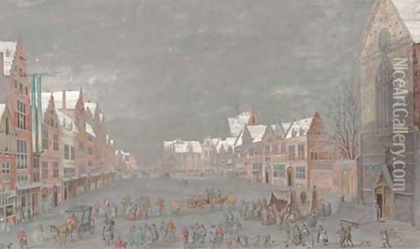 Figures in an elegant square in winter, the roofs of a church seen beyond Oil Painting - Abraham Rademaker