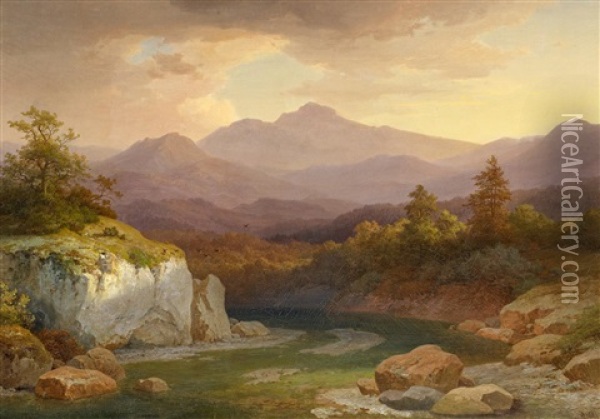 Morgendammerung In Einem Alpental Oil Painting - Adolf Carl
