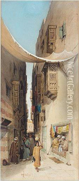 Figures On A Street In Cairo Oil Painting - Robert Magnus Chevalier