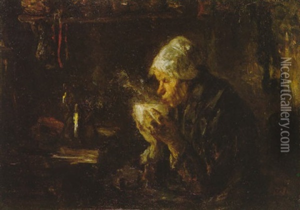 A Fisherwoman Drinking Coffee In A Cottage Interior Oil Painting - Jozef Israels