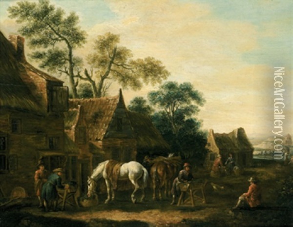 Rastende Bauern Mit Pferden Auf Einer Dorfstrase Oil Painting - Barend Gael
