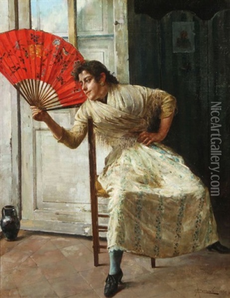 The Red Fan Oil Painting - Antonio Corrado Orilia