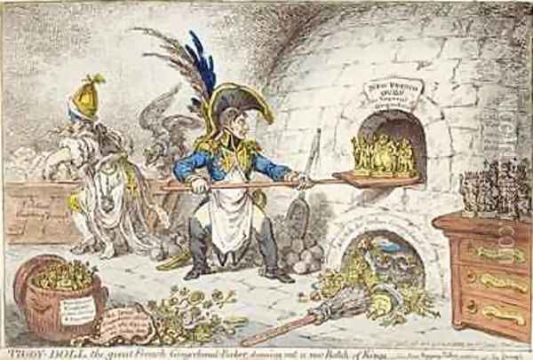 Tiddy Doll the Great French Gingerbread Maker Drawing Out a New Batch of Kings His Man Hopping Talley Mixing Up the Dough Oil Painting - James Gillray