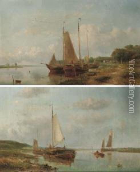 Boats Moored By A River Bank Oil Painting - Hendrik Hulk