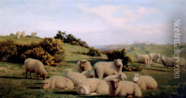 Sheep On Downland, Cottages Beyond Oil Painting - Charles Jones