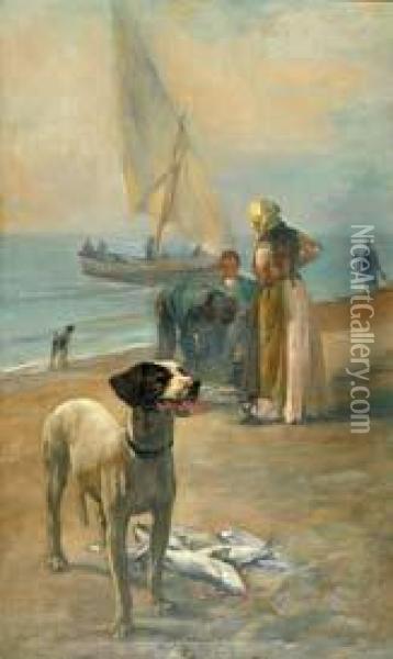Pescadores En La Playa. Oil Painting - Francesc Torrescassana Sallares