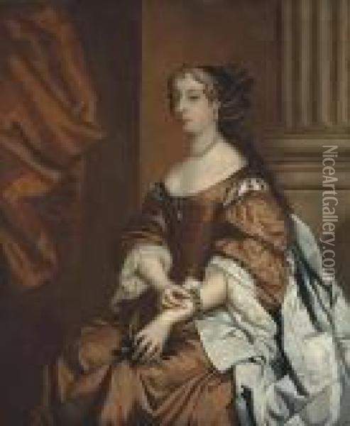 Portrait Of Lady Mordaunt, 
Three-quarter-length, Seated, In A Browndress And Oyster Satin Wrap, By A
 Column Oil Painting - Sir Peter Lely
