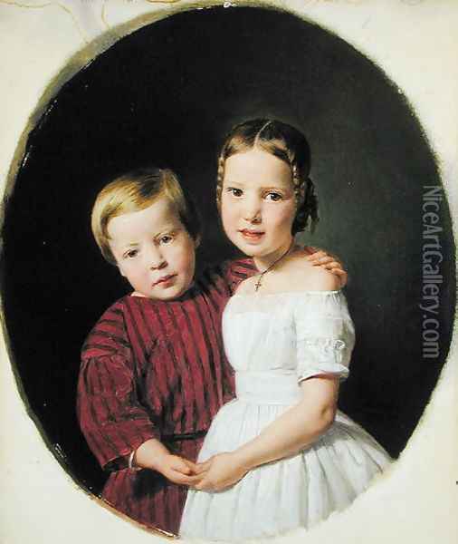 Portrait of Two Children, 1844 Oil Painting - Ferdinand Georg Waldmuller