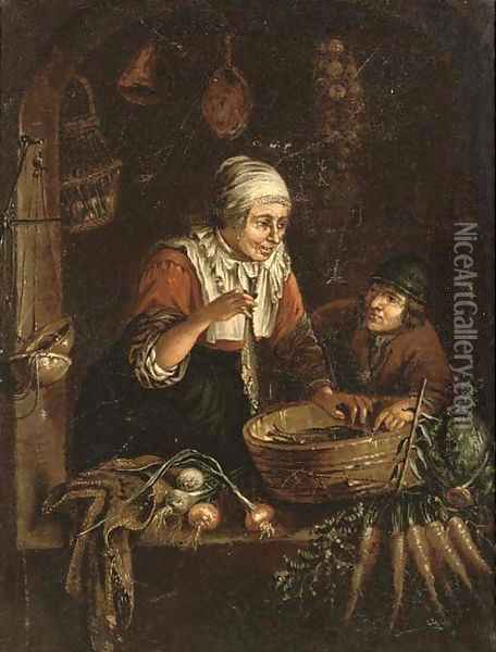 A woman and a boy at a casement with vegetables, a domestic interior beyond Oil Painting - Gerrit Dou