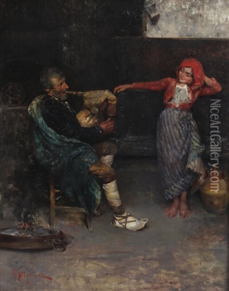 A Peasant Playing A Bagpipe And A Child Dancing Oil Painting - Arturo Stagliano