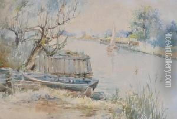Scene On The Norfolk Broads Oil Painting - William Leslie Rackham
