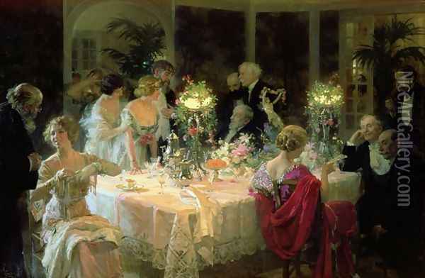 The End of Dinner Oil Painting - Jules Alexandre Grun