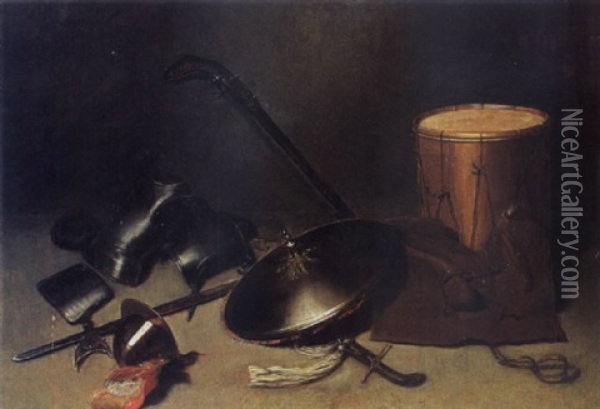 A Still Life With Armour, A Shield, A Gun, A Halberd, A Helmet, A Sword, A Jacket, And A Drum Oil Painting - Gerrit Dou