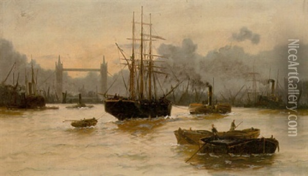 On The Thames Oil Painting - Edward Henry Eugene Fletcher