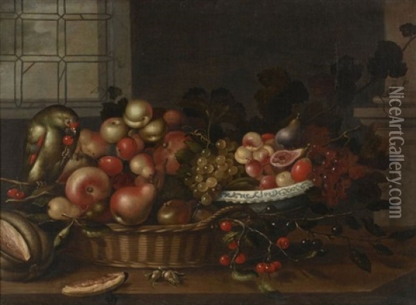 Panier De Fruits Et Perroquet Sur Un Entablement Oil Painting - Johannes Bouman
