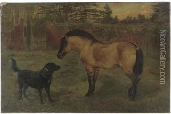 A Pony And A Labrador In A Walled Garden Oil Painting - Lilian Cheviot