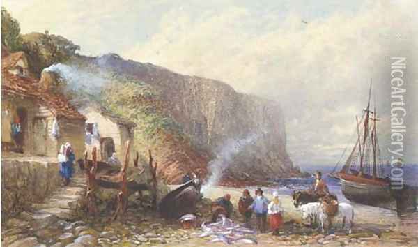 A coastal hamlet with figures selling fish on the foreshore Oil Painting - Samuel Austin