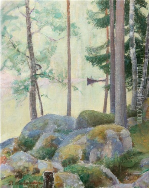A Lake Landscape Oil Painting - Pekka Halonen