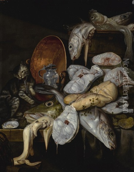 Still Life Of Fish And A Cat, With A Copper Basin Oil Painting - Jakob Gillig