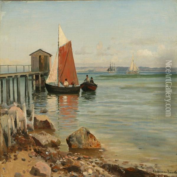 Coastal Scenerywith Boys In A Boat Near A Pier Oil Painting - A. Andersen-Lundby