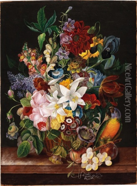 Large Flower Piece With Parrot And Butterfly Oil Painting - Sebastian Wegmayr