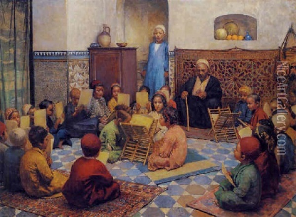 The Qur'an Lesson Oil Painting - Johann Victor Kramer