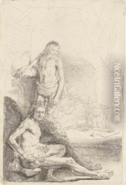 A Nude Man Standing, Another 
Seated, With A Woman And A Baby Lightly Etched In The Background Oil Painting - Rembrandt Van Rijn