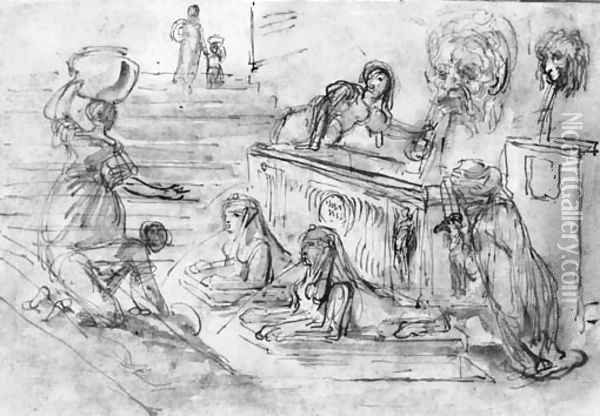 Washerwomen at a Roman fountain Oil Painting - Hubert Robert