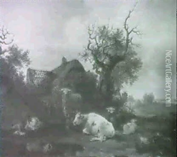 Cattle By A Ruined Farmhouse Oil Painting - Thomas P. Wood