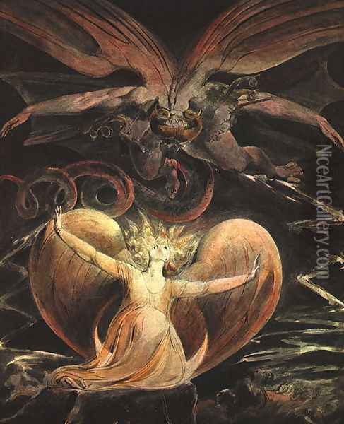 The Great Red Dragon and the Woman Clothed with the Sun 1805-1810 Oil Painting - William Blake