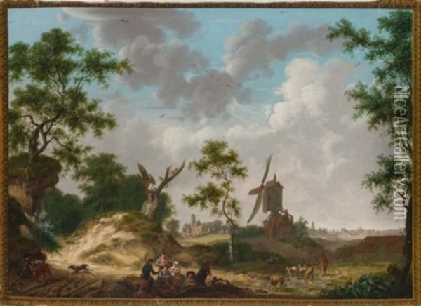 A Landscape With Figures Resting Near A Windmill, A Town In The Distance, In A Trompe L'oeil Painted Frame Oil Painting - Hendrick De Meijer