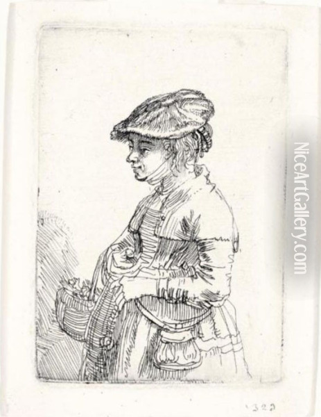 Girl With A Basket (b., Holl.356; H.195; Bb.42-3) Oil Painting - Rembrandt Van Rijn