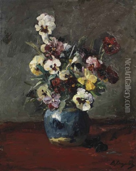 A Still Life With Violets In A Blue Vase Oil Painting - Baruch Lopes de Leao Laguna