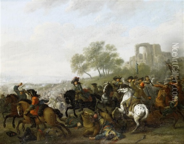 A Cavalry Skirmish In An Open Landscape, A Ruined Village On The Horizon Oil Painting - Jacob van Huchtenburg
