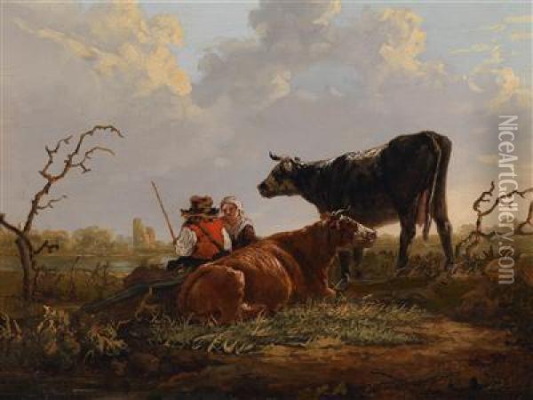 Ein Hirtenpaar Am Flussufer Oil Painting - Jacob Van Stry