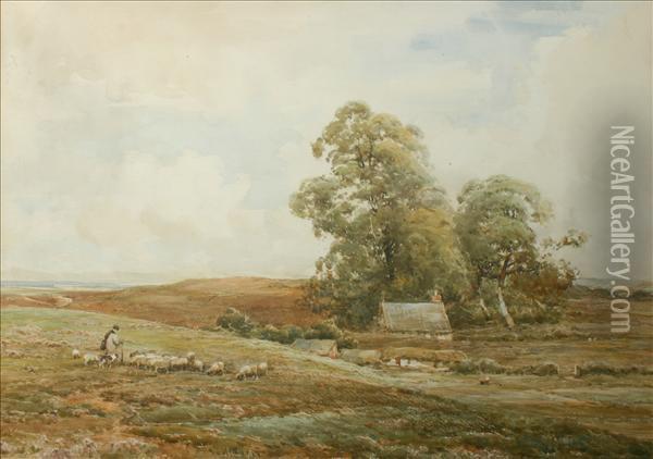 Amoorland Farmstead With A Shepherd And His Flock Oil Painting - Claude Hayes
