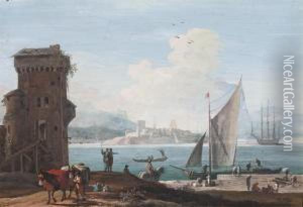 An Extensive View Of A Port With Sailors Unloading Cargo On A Quay Oil Painting - Marco Ricci