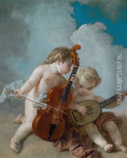 Zwei Musizierende Putti, Allegorie Der Musik Oil Painting - Auger Lucas