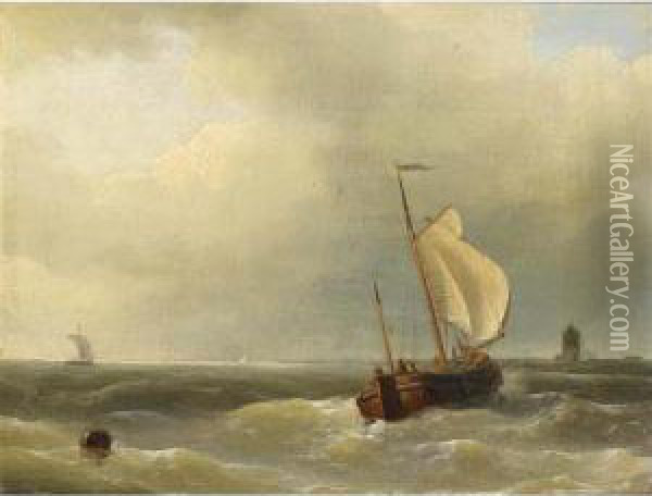 Shipping In Choppy Seas; A Fishing Boat Moored At A Quay (a Pair) Oil Painting - Johannes Hermanus Koekkoek
