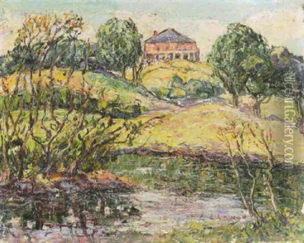 A House Overlooking A River Oil Painting - Ernest Lawson