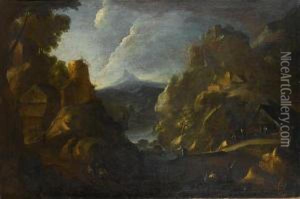 A Rocky River Landscape With Figures Takingshelter Before A Hut Oil Painting - Bartolomeo Pedon