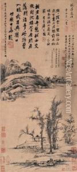 Mountains Behind The Forest Pavilion Oil Painting - Cao Zhibai
