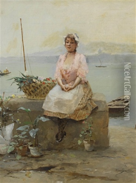 Blumenfrau Am Ufer Des Genfersees Oil Painting - Emile Auguste Pinchart