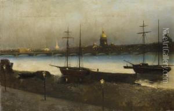 View Of The Admiralty And St. Isaac's Cathedral At Night Oil Painting - Nikolai Nikanorovich Dubovsky