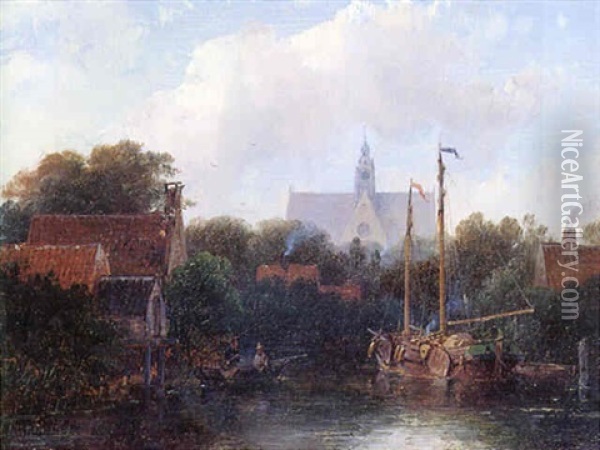 A River Landscape With Figures In A Rowing Boat And A Barge In The Foreground, With The St. Bavo-church, Haarlem, Beyond Oil Painting - Andreas Schelfhout